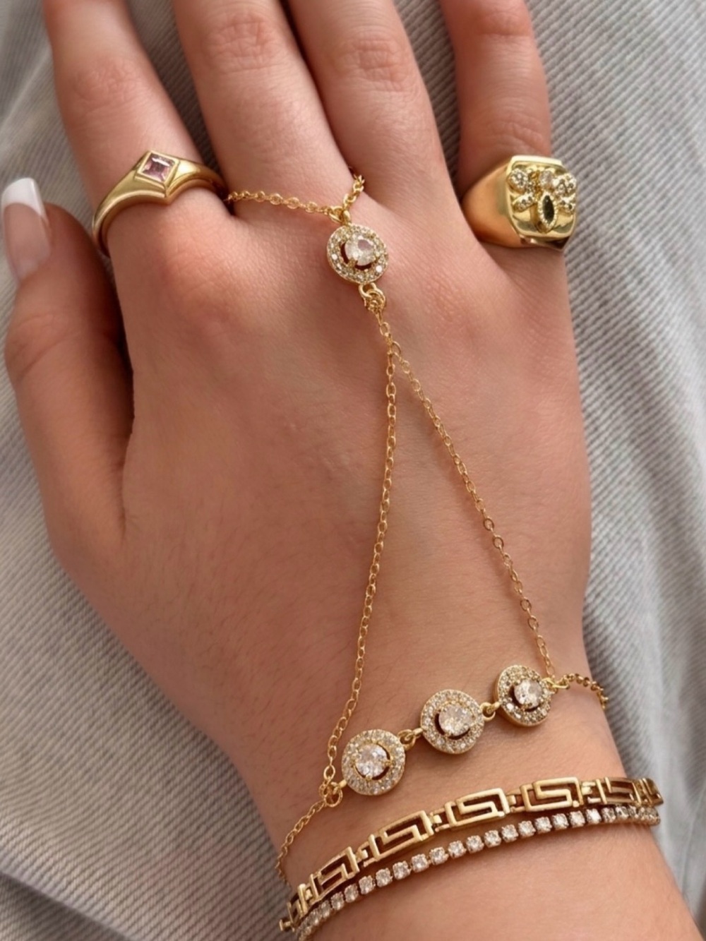 3/$40 14K Gold Plated Round Zircon Hand Chain Elegant Minimalist Finger Bracelet